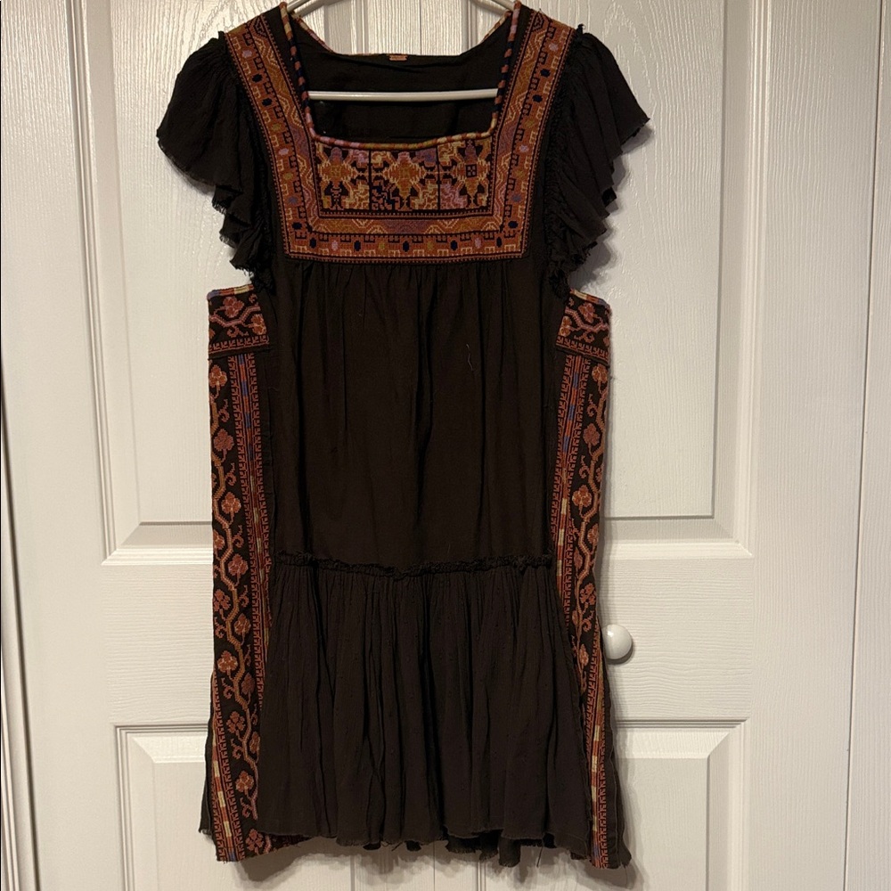 Bohemian Brown Dress with Embroidered Details